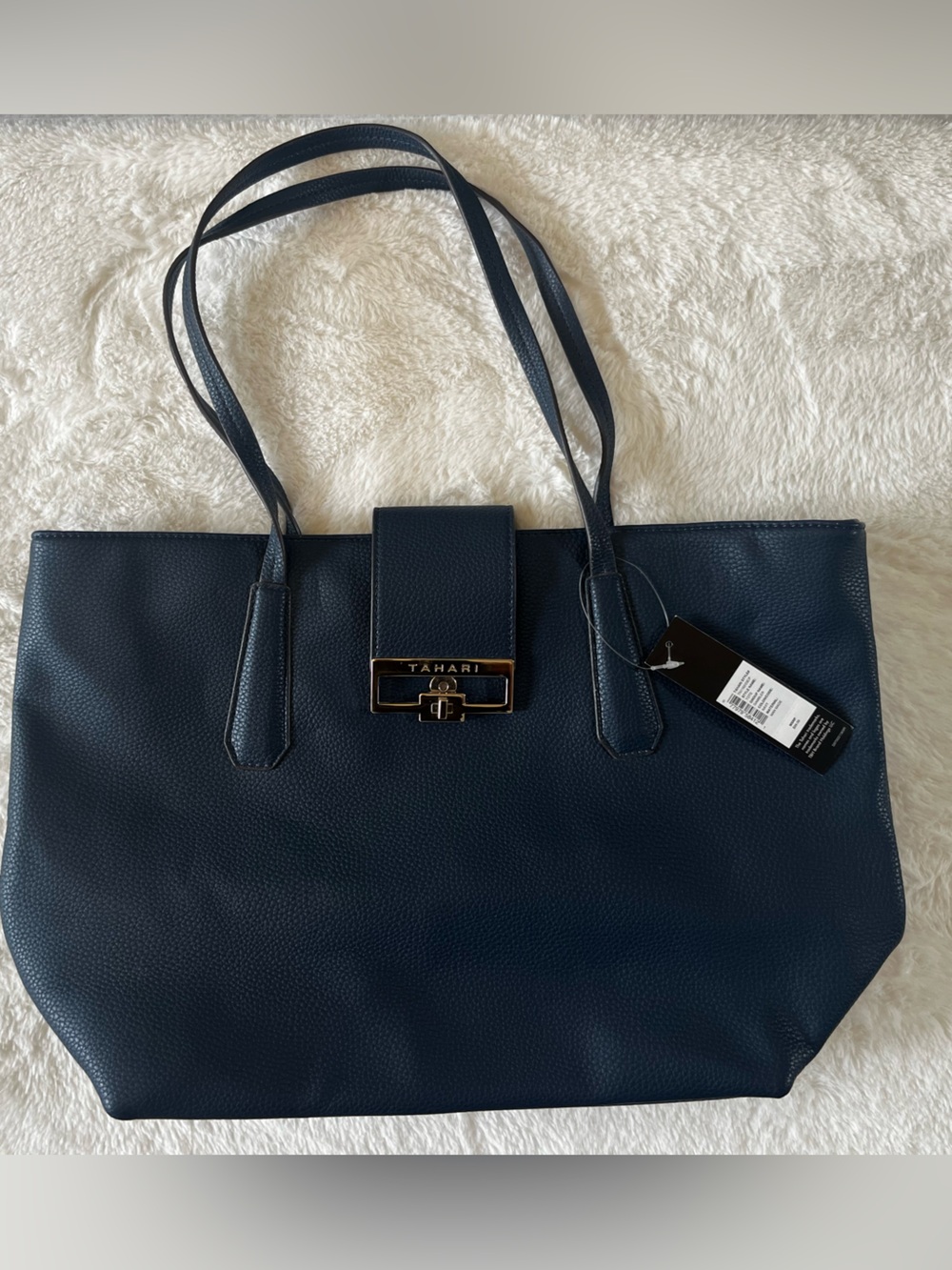 Tahari Navy Pebbled Leather Tote Bag
